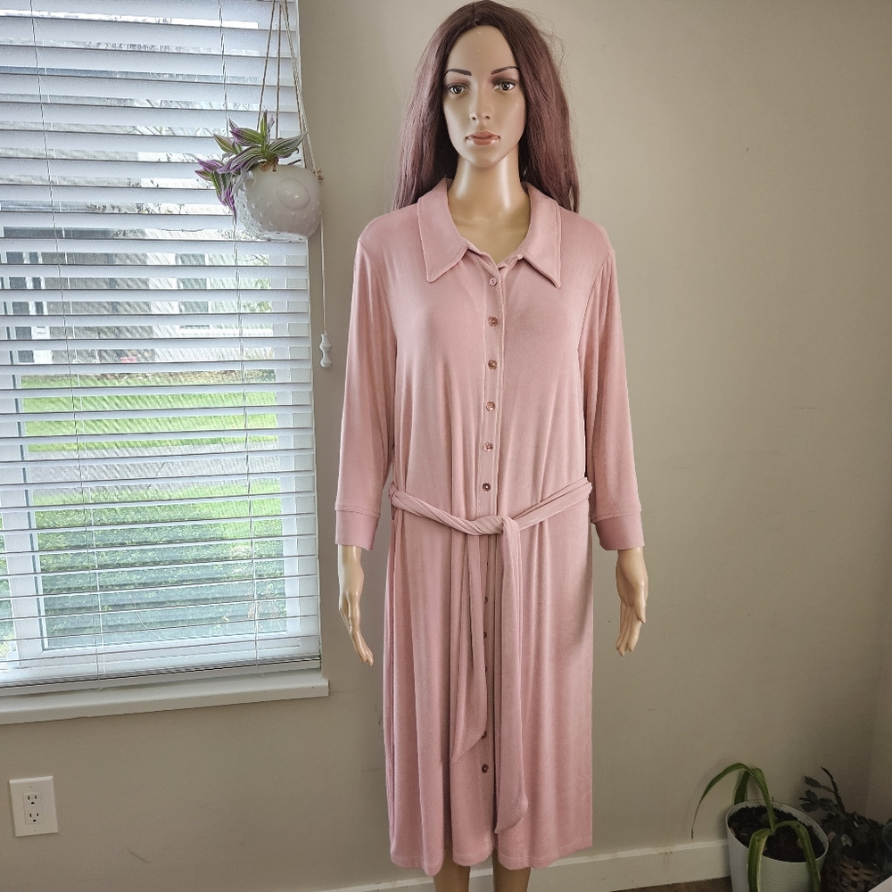 Kim & Co dusty pink retro style button down dress belted long sleeves